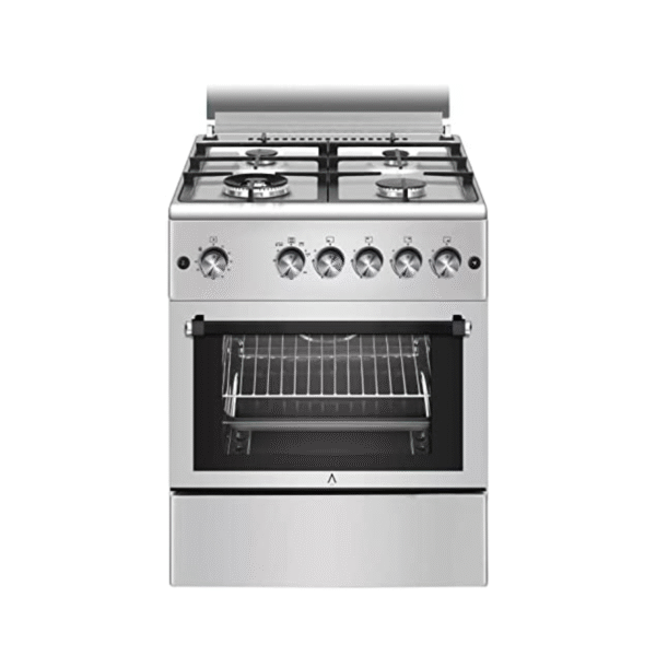 Cocina de Gas VULCANO 3D-60 Inox, Encendido automático, corte de gas seguro y temporizador en horno.